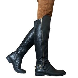 Steve Madden Women’s Genuine Black Leather Riding Boots with Gold Details Size 7